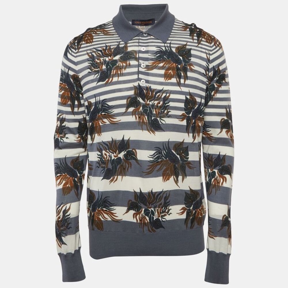 Louis Vuitton Blue Striped Floral Cotton Polo T-Shirt L